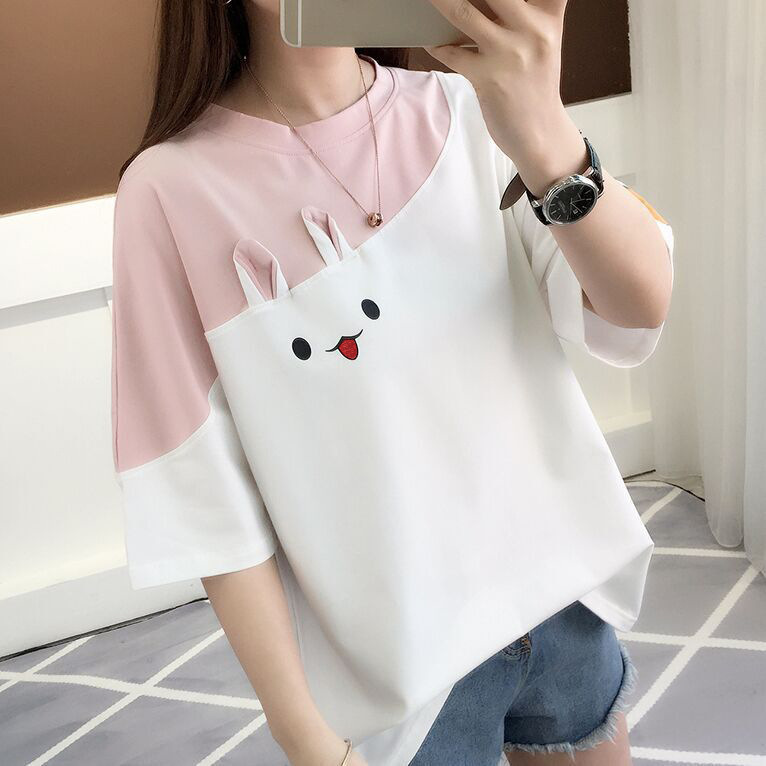 Picture of 2025 New Summer Embroidered Rabbit Korean Style Color Block T-Shirt Student Top Loose Short-Sleeved Women's Clothing One Piece Store