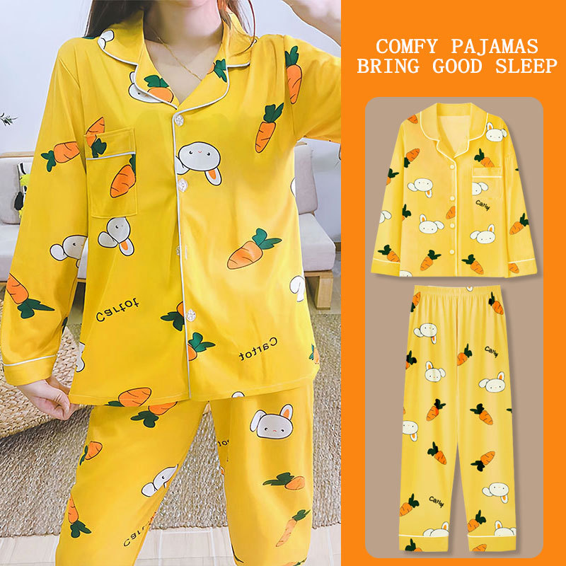 Picture of Japanese Pajamas Women's Spring and Autumn Long Sleeve Cardigan Cute Printed Radish Student Home Clothes suit Cross-border Southeast Asia