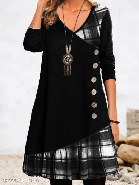 Picture of Amazon AliExpress Independent Station 2022 Autumn New V-Neck Stitching Decorative Buckle Long Sleeve Plaid Printed dress