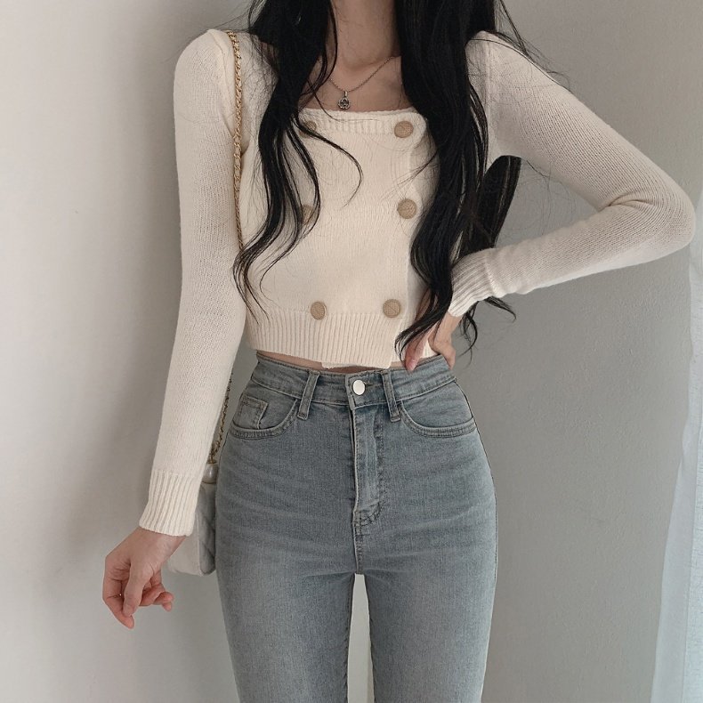 Hong Kong Style Pure Style Design Sense Square Collar Button Short Long Sleeve Base Sweater Western Style Simple Top Women's Autumn Wear