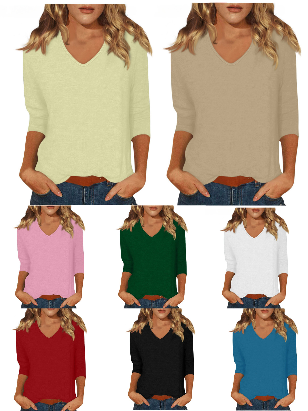 2025 Cross-border Amazon Women's Daily All-match Casual V-neck Solid Color Seven-sleeve T-shirt Top