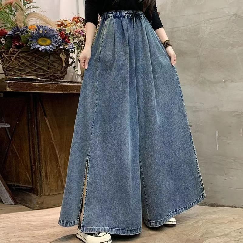 Picture of 2025 Spring/Summer New High-Waisted Split Wide-Leg Pants Retro Artistic Loose Versatile Denim Skirt Pants Casual Long Pants for Women