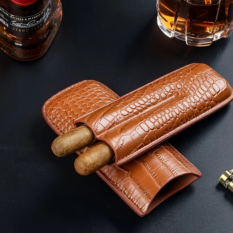 Foreign Trade Supply Cigar Set Travel Size 2 Portable Protective Covers Cowhide Cover with Scissors Moisturizing Box Gift Box
