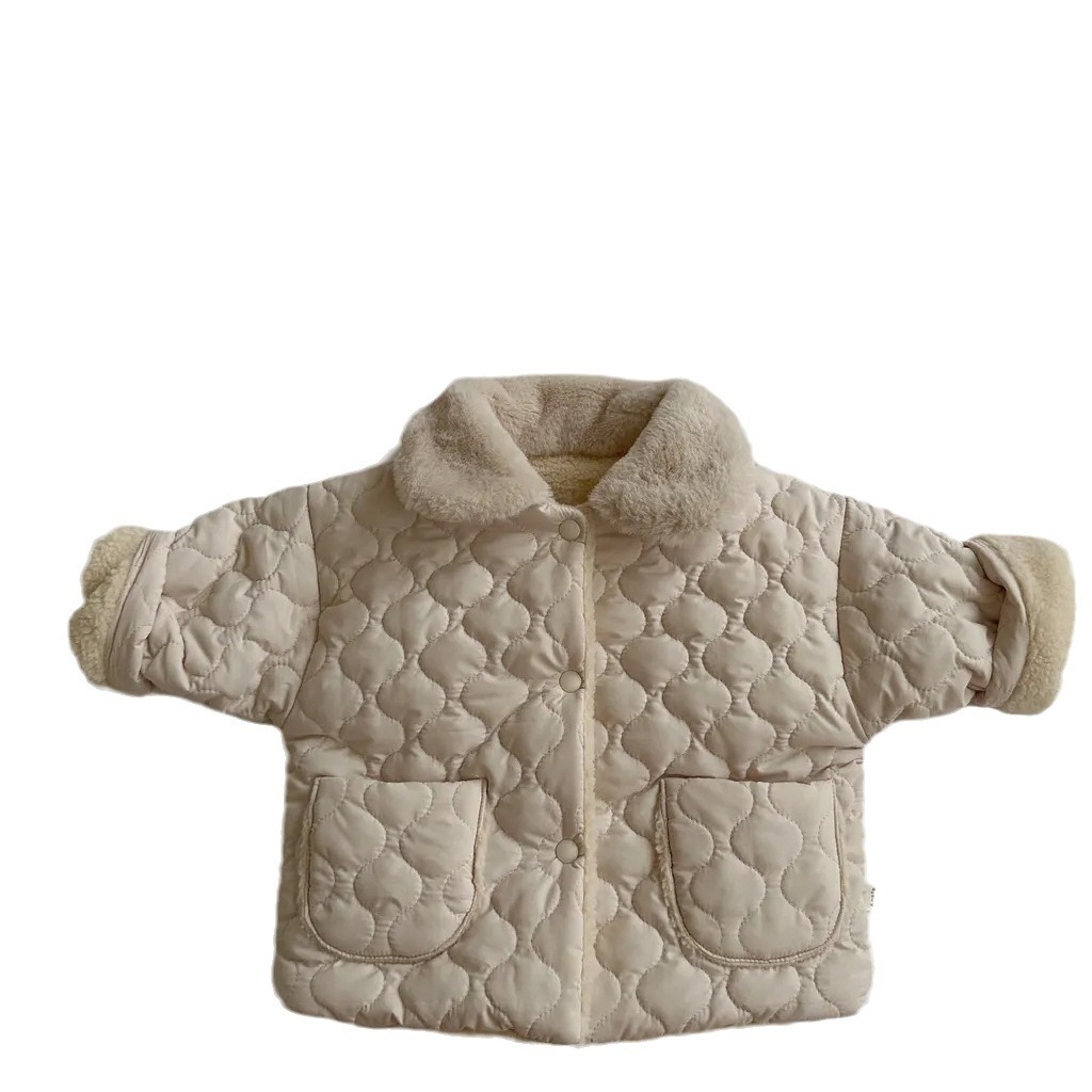 Picture of ins baby fleece-lined winter boys and girls baby clothes cardigan lapel Korean style newborn warm cotton-padded jacket coat