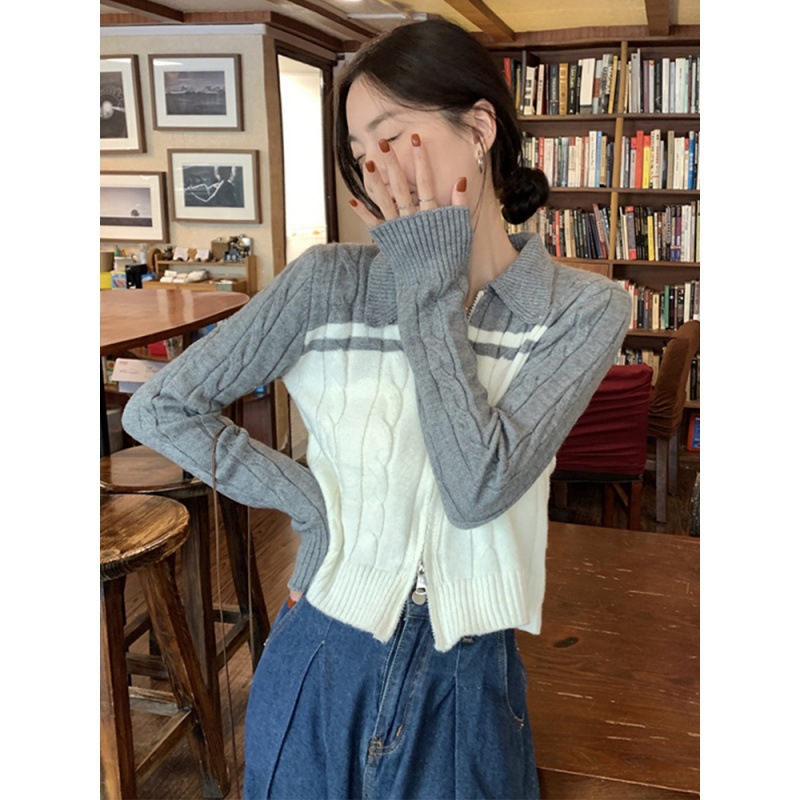 Autumn and Winter Retro Contrasting Color Polo Collar Twist Knitted Zipper Cardigan Women's Design Niche Short Sweater Top