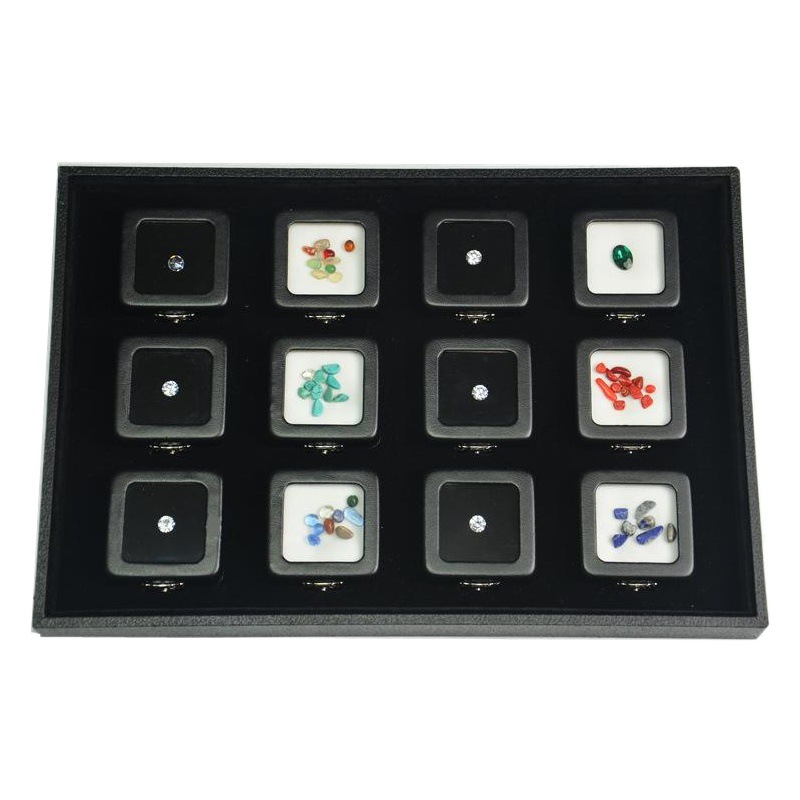Bare Beads Colored Gem Jade Ring Face Black Leather Diamond Storage Buckle Transparent Window Display Box