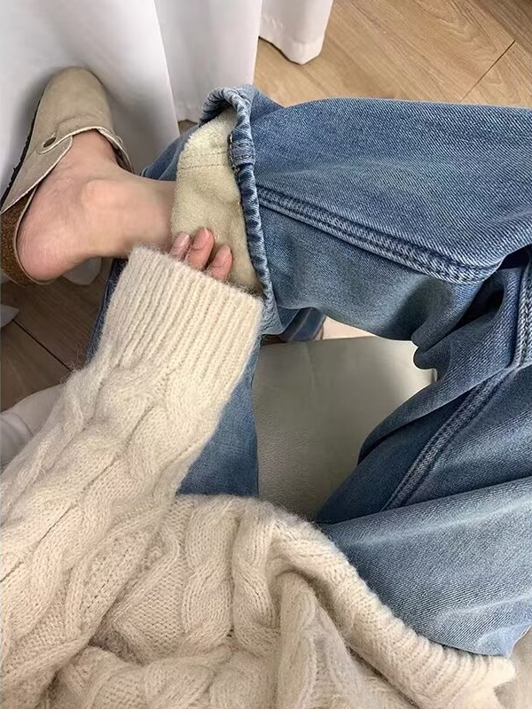 Fleece thickened straight jeans women's autumn and winter new plus-size casual high-waisted loose retro slim wide-leg trousers