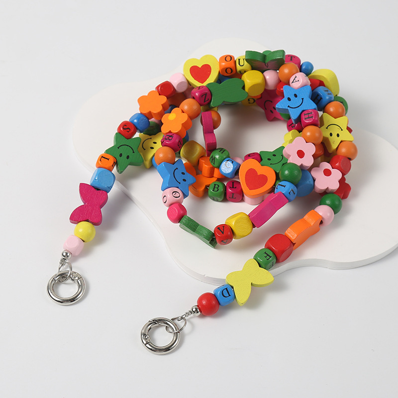 Wooden Bead Crossbody Chain DIY Phone Case Chain Crossbody Beaded Heart Plum Blossom Butterfly Smiley Face DIY Creative