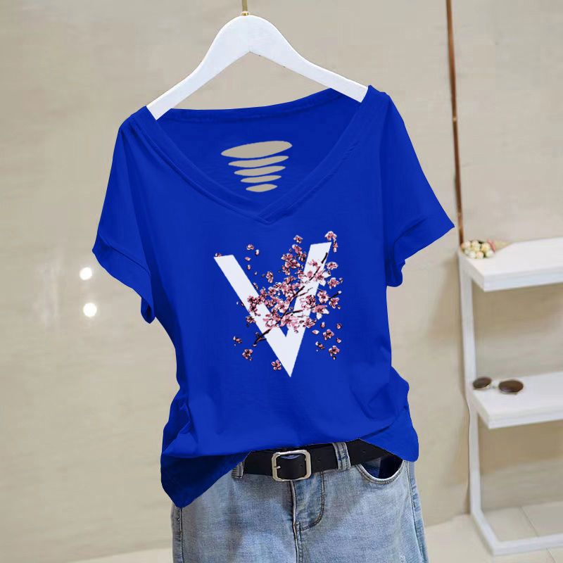 Letter printed cotton short-sleeved T-shirt for women 2024 Summer new design V-neck ins trendy chic Korean style top