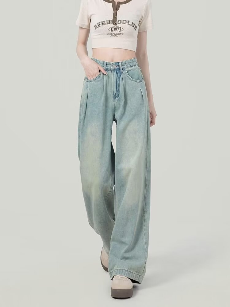 Light Color High Waist Pleated Design Wide Leg Jeans Women's Summer New Loose Casual Straight Slim Fit Mop Pants
