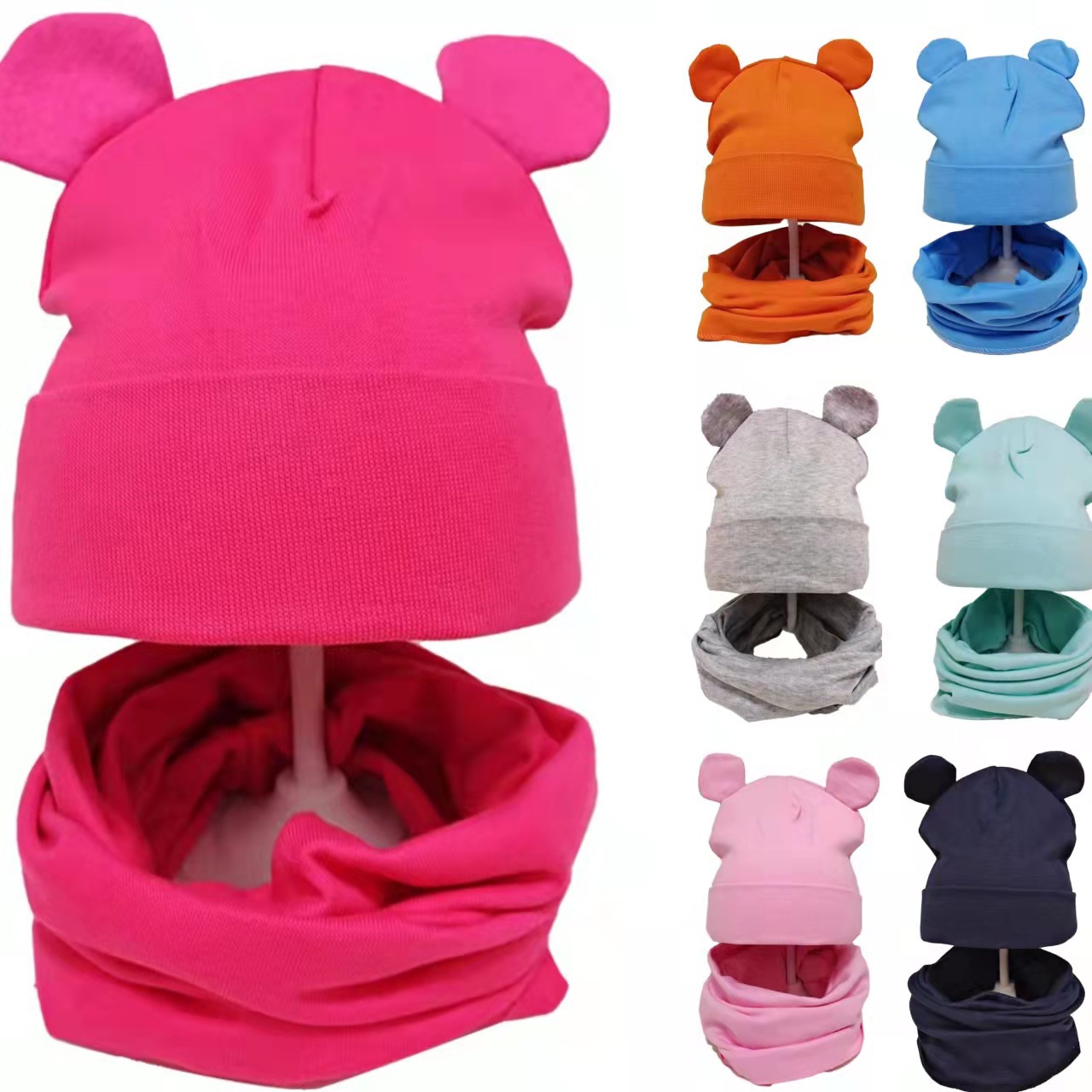 New Baby Cotton Hat Children's Ear Hat Bib Two-Piece Set Baby Curl Knitted Hat Scarf suit