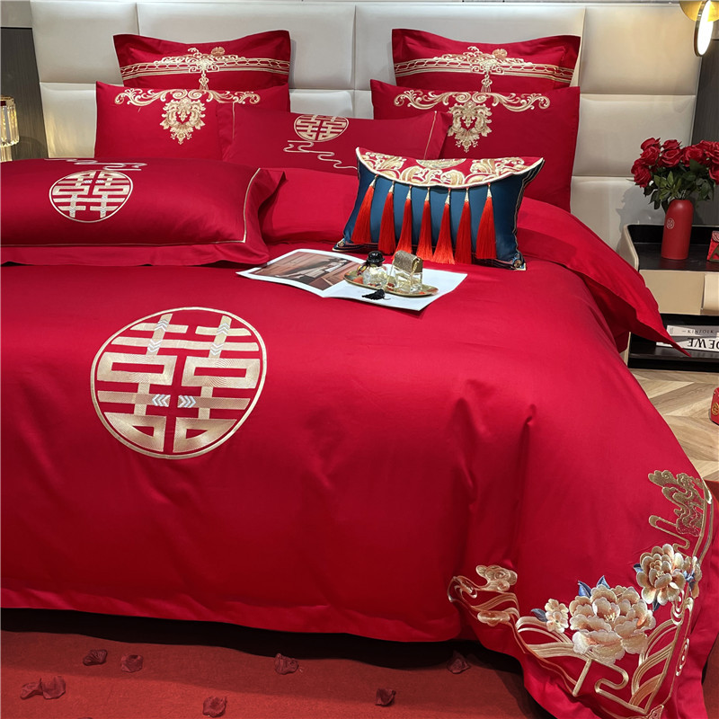 Picture of Advanced Sense Simple Red Wedding Four-piece Set Cotton Embroidered Wedding Quilt Cover Cotton Wedding Bedding for Wedding Room