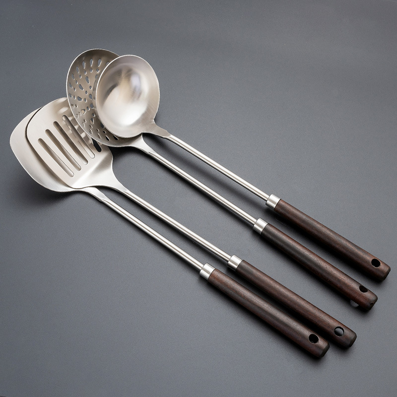 Picture of Kitchen Cooking Utensils Four-piece Set Soup Spoon Long Handle Household Stir-frying Shovel Set Wooden Handle Stainless Steel Pot