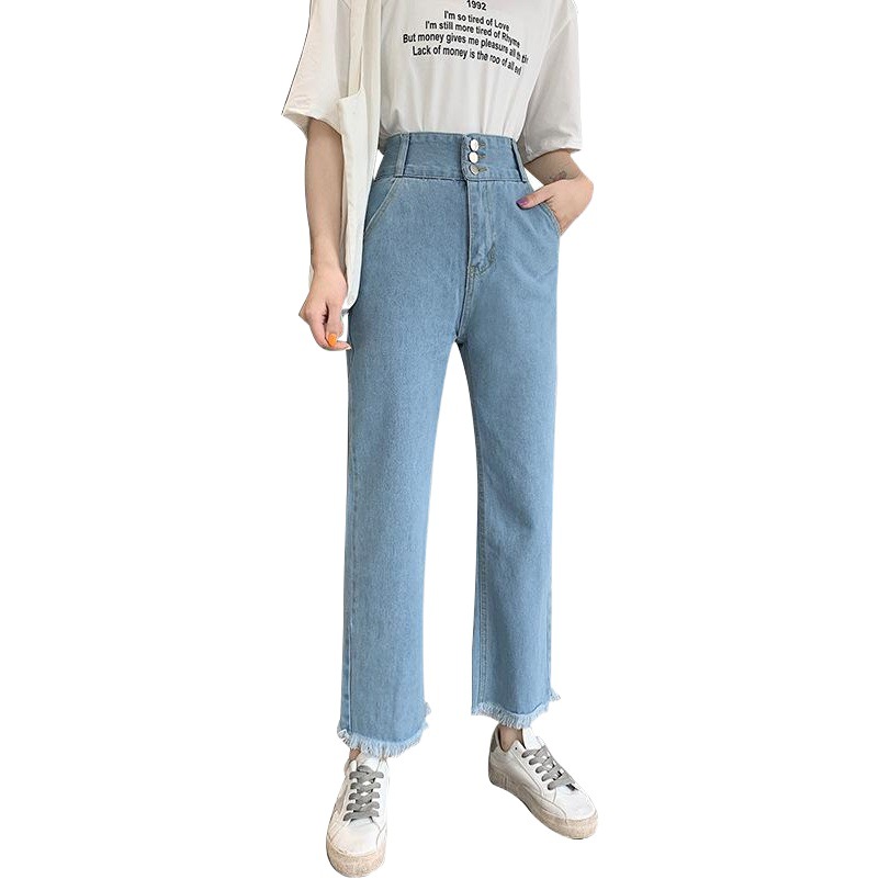 High Waist Wide Leg Large Size Jeans Women's Rough Edge Pants Spring and Autumn Women's Straight Casual Loose Ankle-length Pants for Women