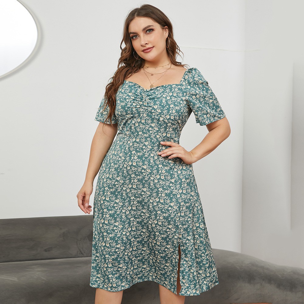 2025 real shot new plus size women's French square collar waist split long floral dress summer JR5031
