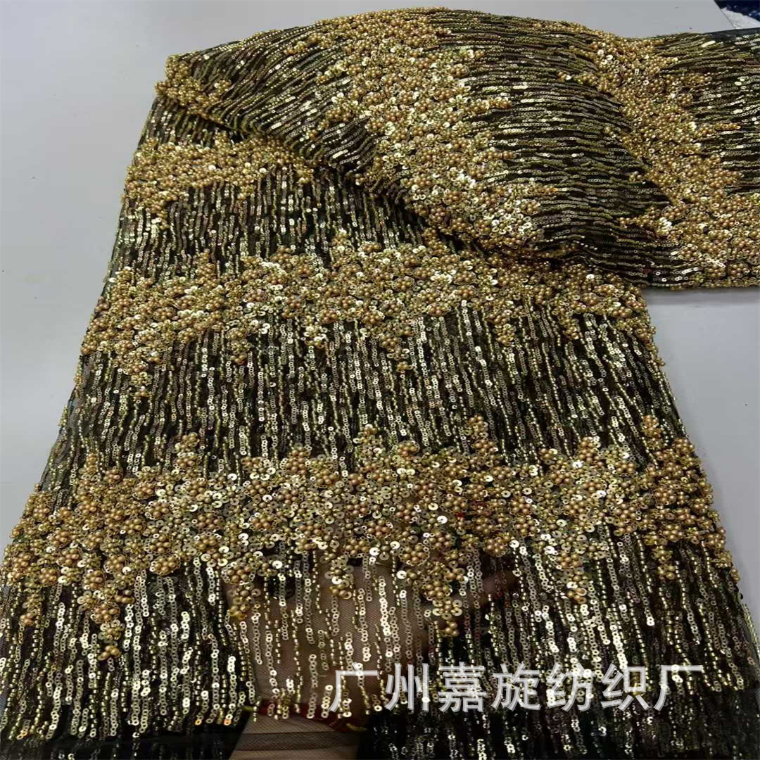 New Design Classy Heavy Industry Black Gold Layered Sequin Bead Tube Beaded Flower Wedding Dress Fashion Fabric