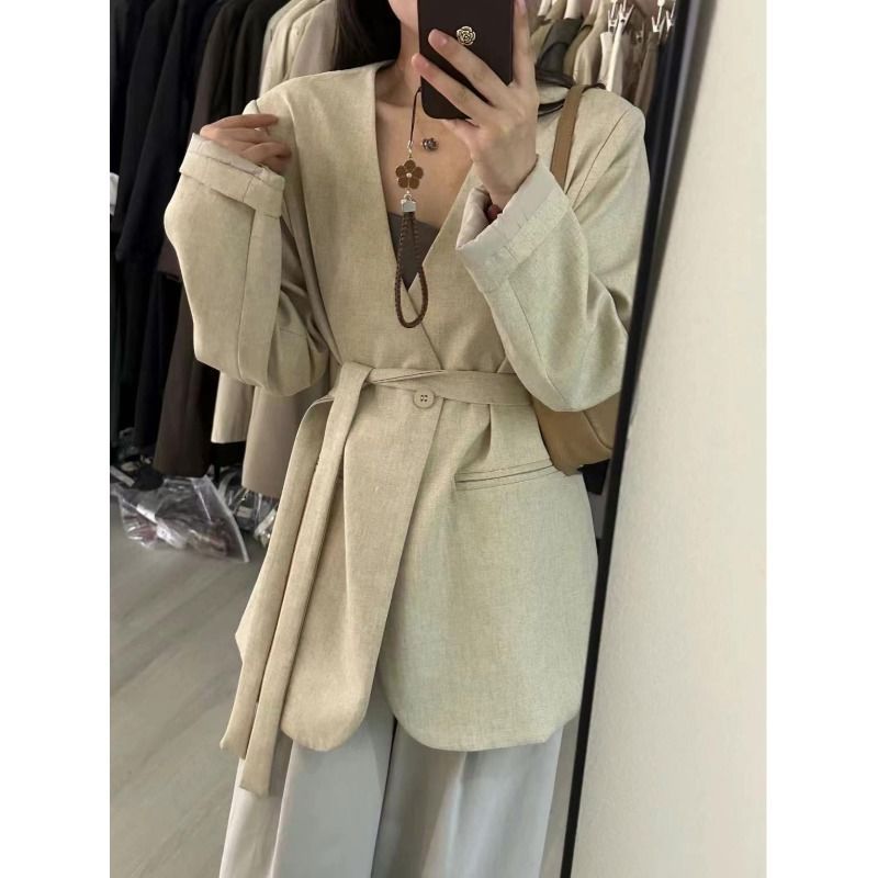 Picture of khaki V-neck Suit Jacket Women's 2025 Spring New High-end Sense Loose Casual Elegant Suit Ins Trendy