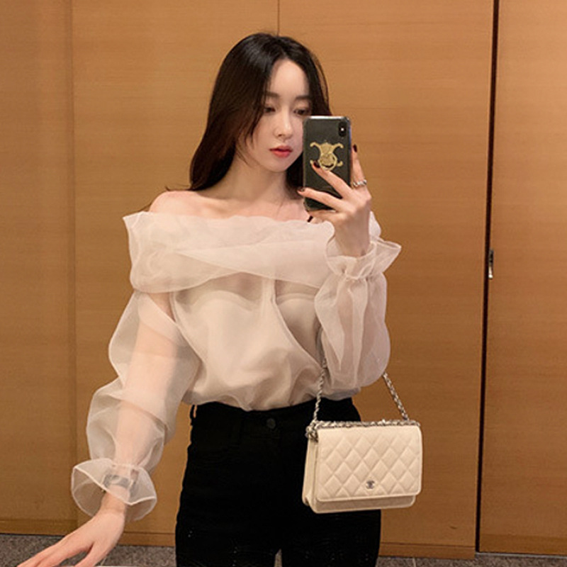 Design Sense Niche off-shoulder Shirt Women's Spring and Summer 2023 French Elegant Organza Chiffon Chic Top
