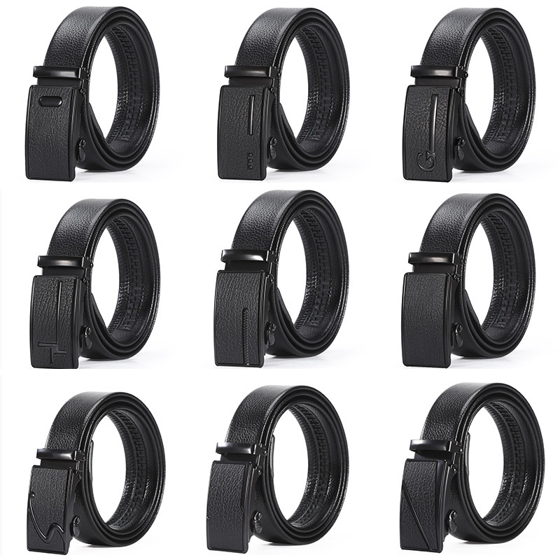 New Fashionable Men's Automatic Buckle Belt Wear-Resistant Bag Litchi Pattern Artificial Leather Belt Street Stall Ready-Made Trouser Belt