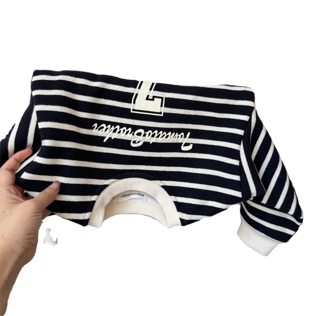 Children's sweater winter new boys and girls baby plus velvet thickened striped pullover baby letter printed top