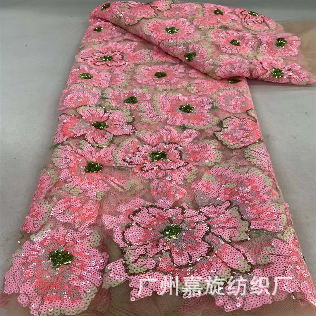 New Chinese Sequin Flower Stereo Embroidery Mesh Lace Fabric Pink Toasting Clothes Cheongsam dress Embroidered Cloth