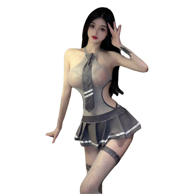 Sexy lingerie sexy sweet cool girl mesh skirt suit student uniform suit gray mesh one-piece delivery