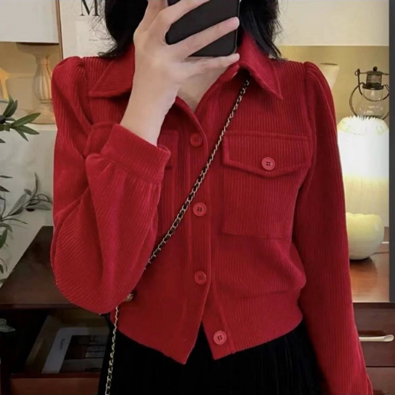 Spring Women's Autumn and Winter New Lapel Frock Student Trendy Slimming Long Sleeve Corduroy Thickened Cardigan Top Short Coat
