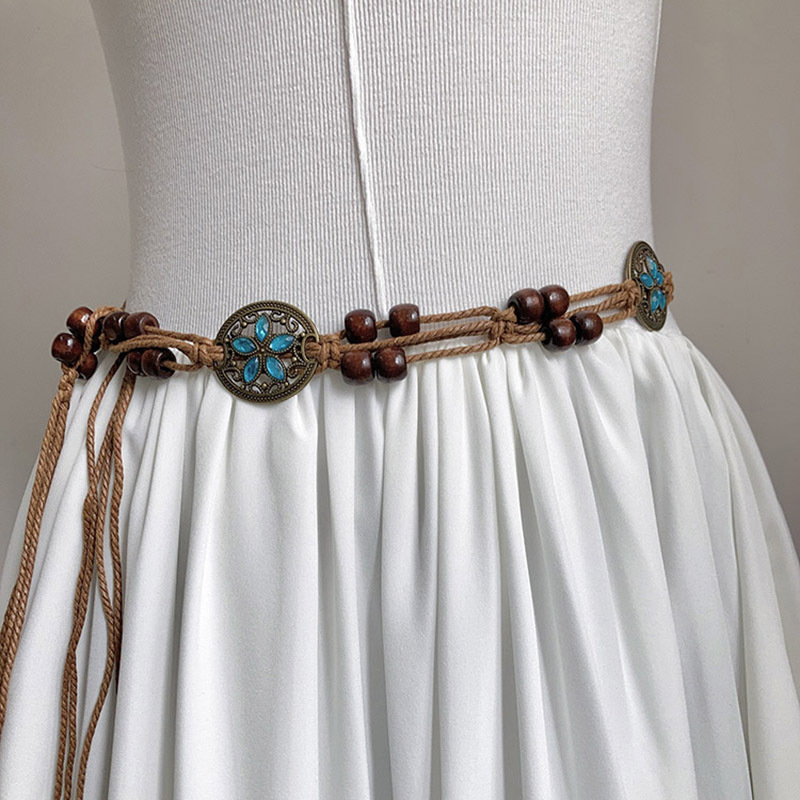 Ethnic style women's belt acrylic turquoise woven women's belt handmade wax rope wooden beads gem woven waist chain