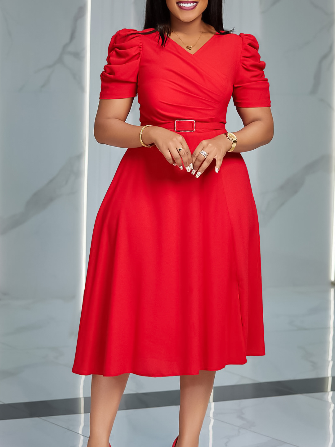 D490 Amazon Foreign Trade Women's Summer New Fashion Elegant V-neck Pleated Large Dress Foreign Trade Dress
