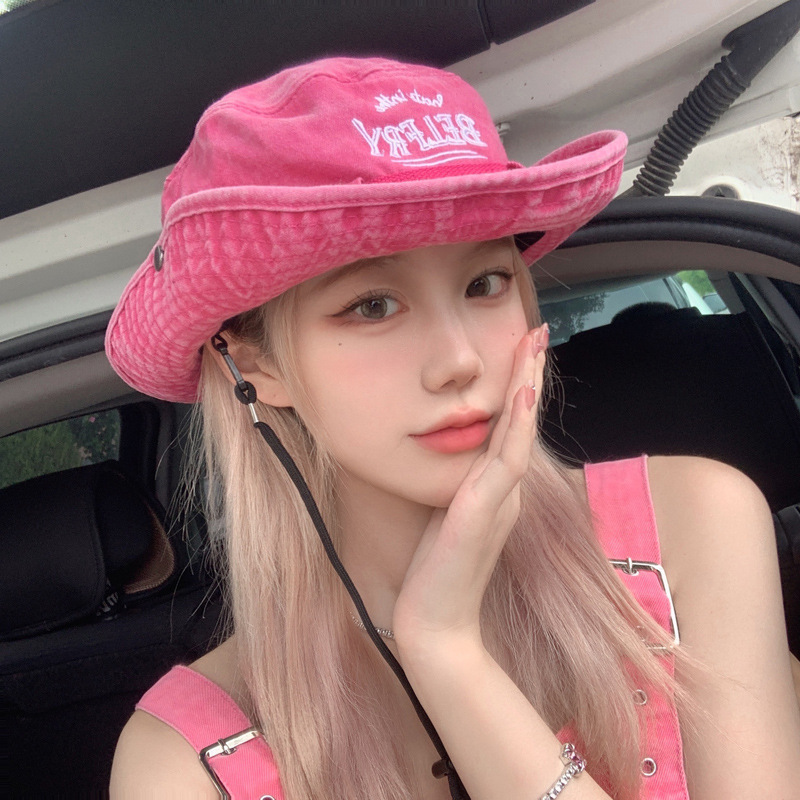 Picture of Japanese ins White Rose Pink Embroidered Fisherman Hat Children's Summer Sunshade Sunscreen Hat Outdoor Camping Hiking Hat
