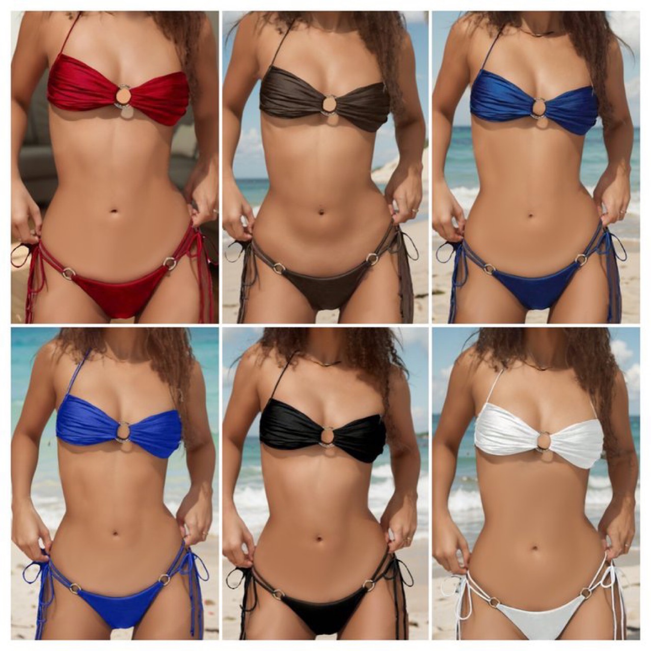 2025 European and American Big Brand Same Swimsuit New Solid Color Lace-up Bikini Sexy Split Swimsuit Women's Bikini