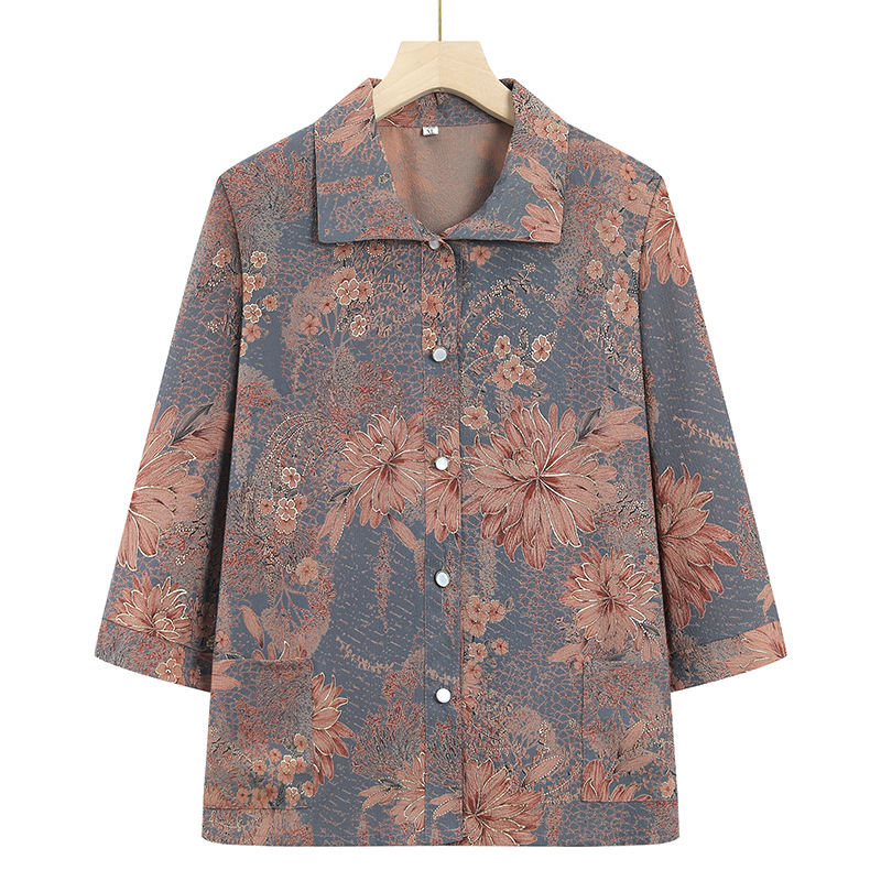 Picture of Grandma's summer mid-sleeve shirt for middle-aged and elderly women's shirt 70-year-old 80 mother lapel shirt for elderly
