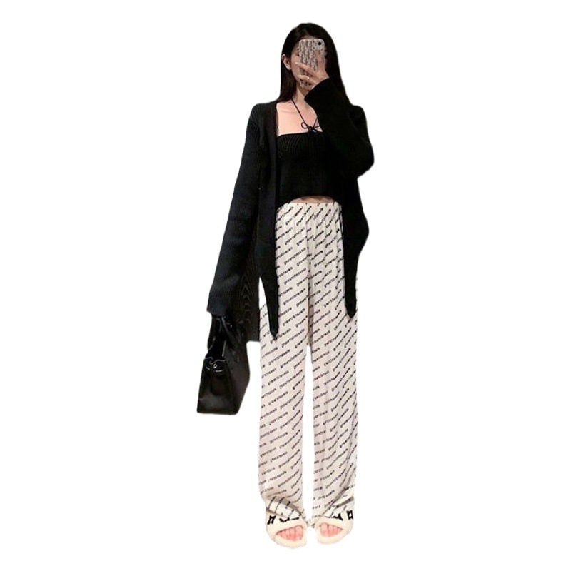Cross-border Korean-style 2024 Summer New Hong Kong-style Letter Loose All-match Straight-tube Women's Casual High Waist Dape Trendy Pants