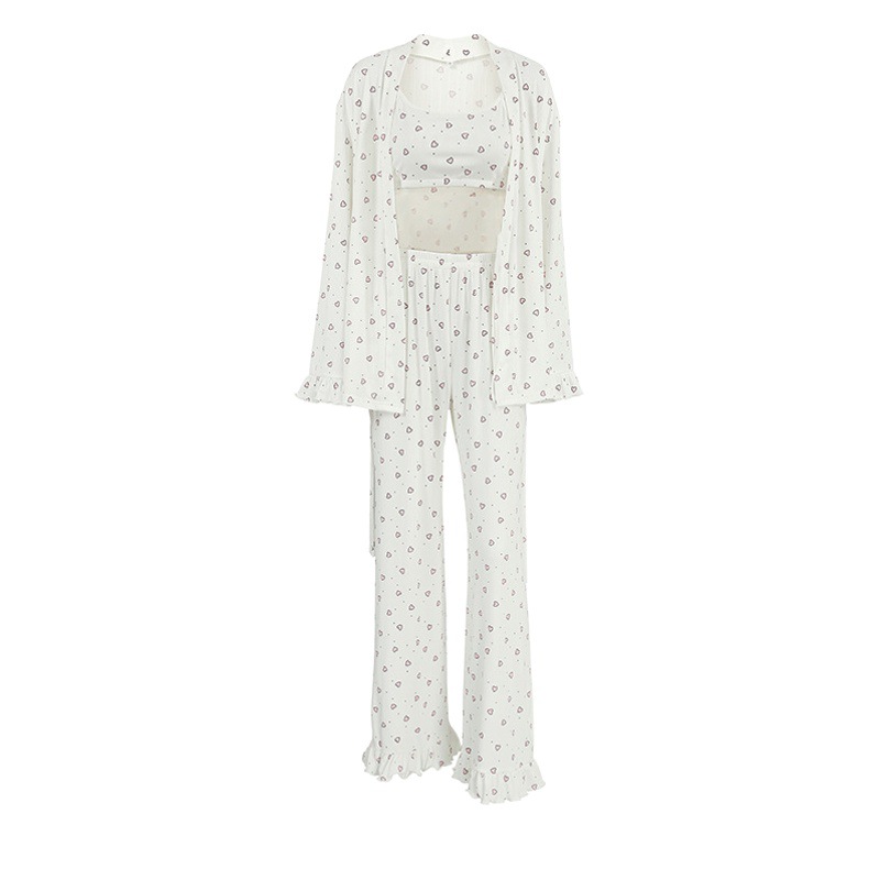 2025 European and American Summer Knitted Heart Printed Suspender Cardigan Long-Sleeved Pajamas Three-Piece Set Casual Women's Home Wear
