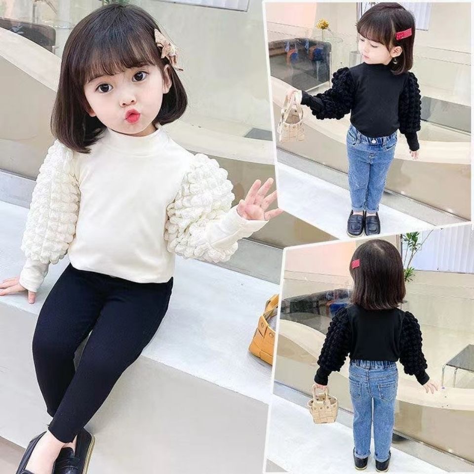 Girls' Base Shirt Spring and Autumn 2024 Half High Collar Bubble Sleeve Thickened Children's Long Sleeve T-shirt Girls' Top Cross-border