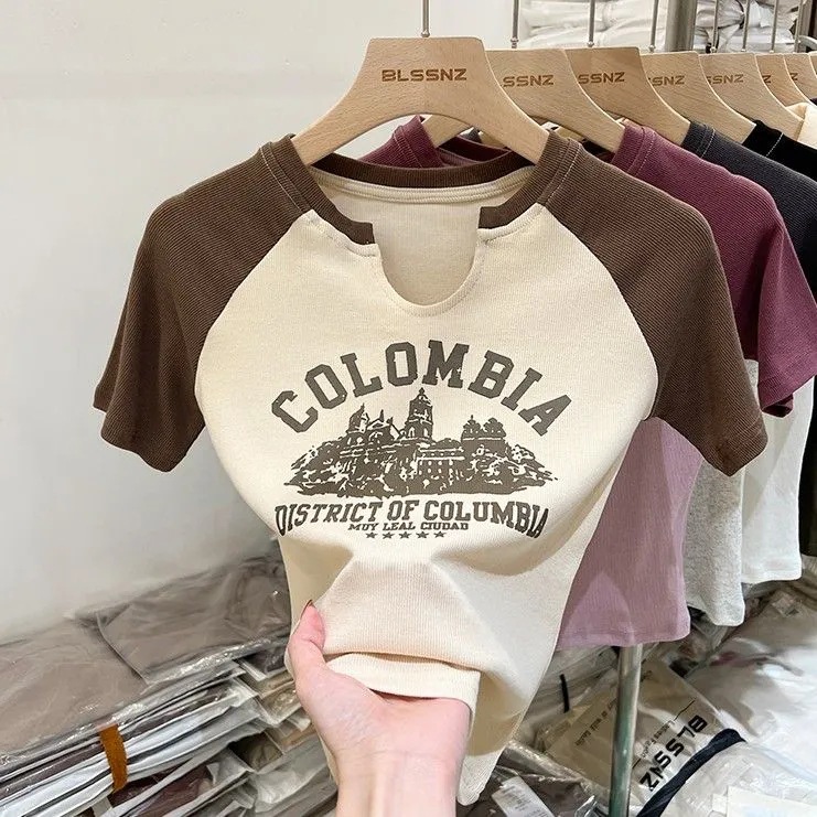 Pure Desire Style Short-sleeved T-shirt Women's Summer Retro American Sweet Spice Girl Design Sense Slim-fit Slimming Shoulder Short Top