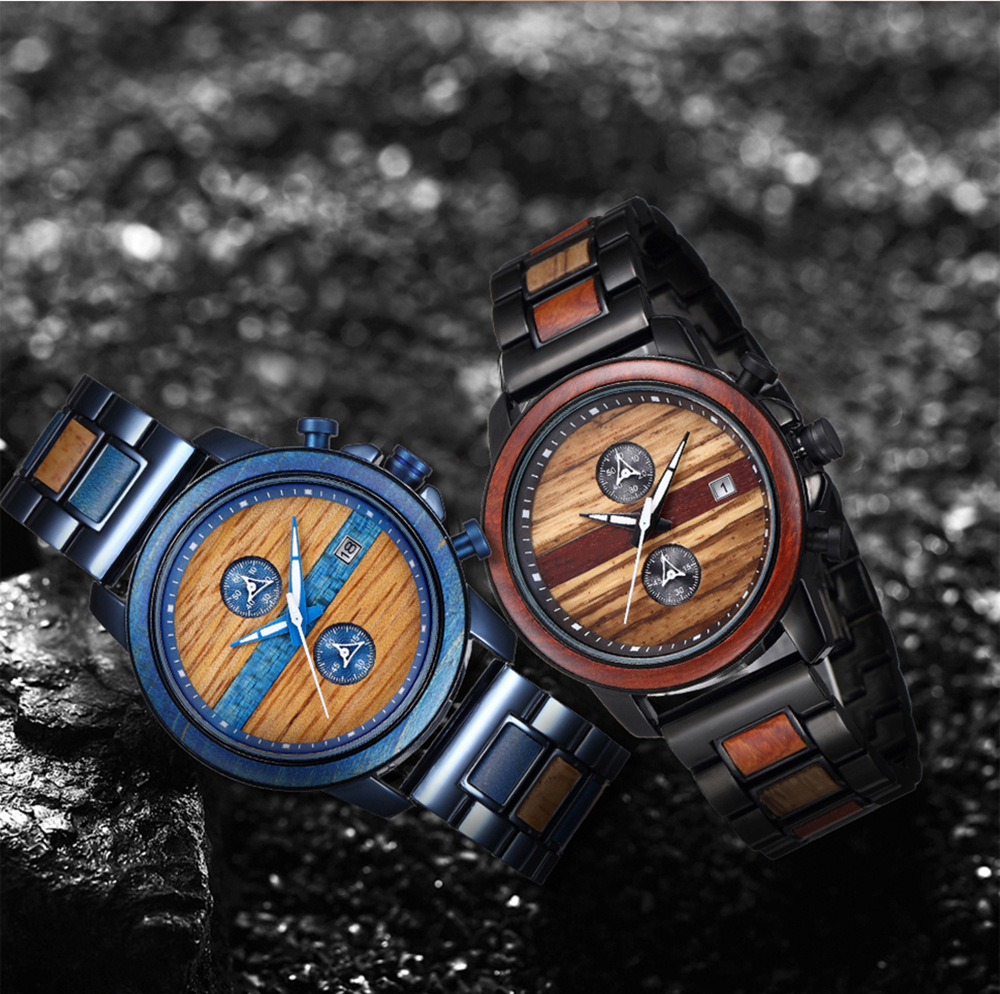 Cross-border explosions fashion creative metal wooden watch men's multi-functional quartz wooden watch wholesale