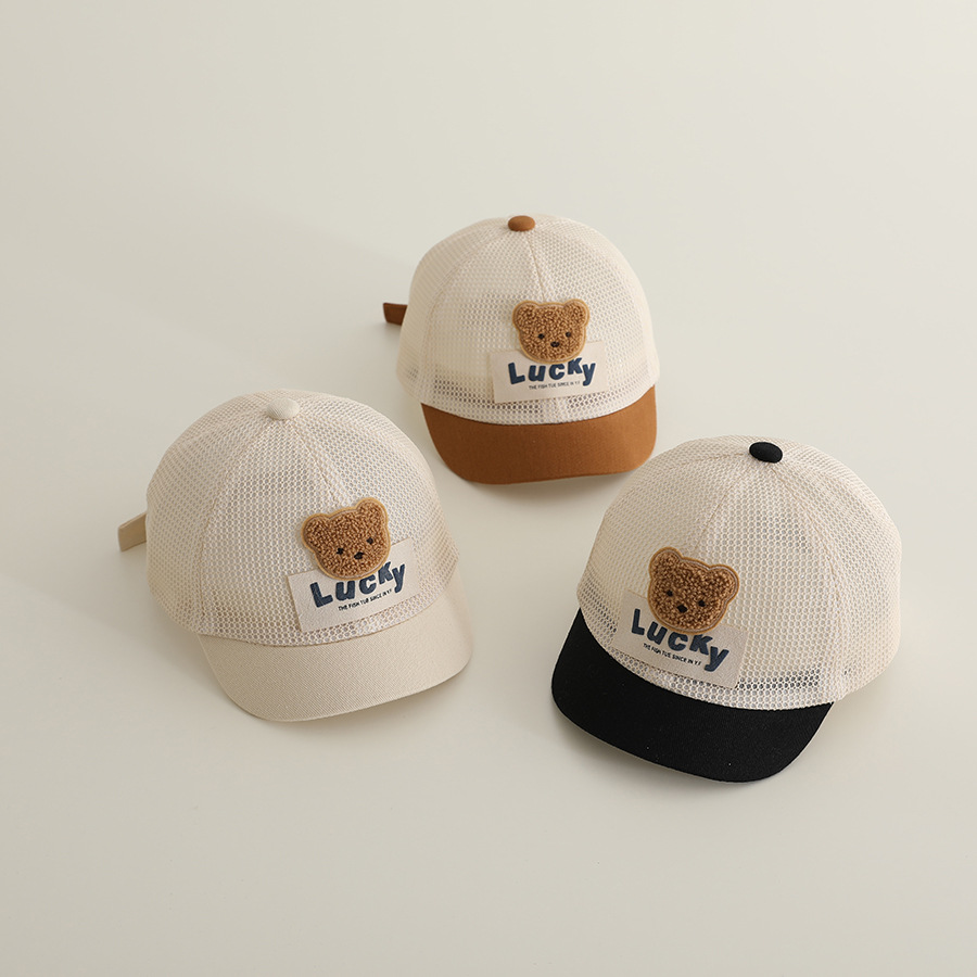 Little Bear Cartoon Full Net Short Brim Baby Cap Sunscreen Sun Hat Short Brim Baseball Cap for Boys and Girls