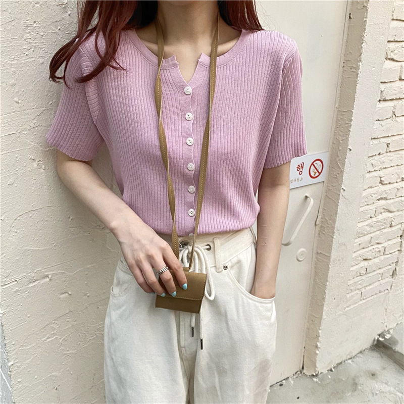 Picture of Summer 2025 New Knitwear Women's Korean Style Thin Bottoming Shirt Pure Color Slimming Look Versatile Single-Breasted Short-Sleeved Top