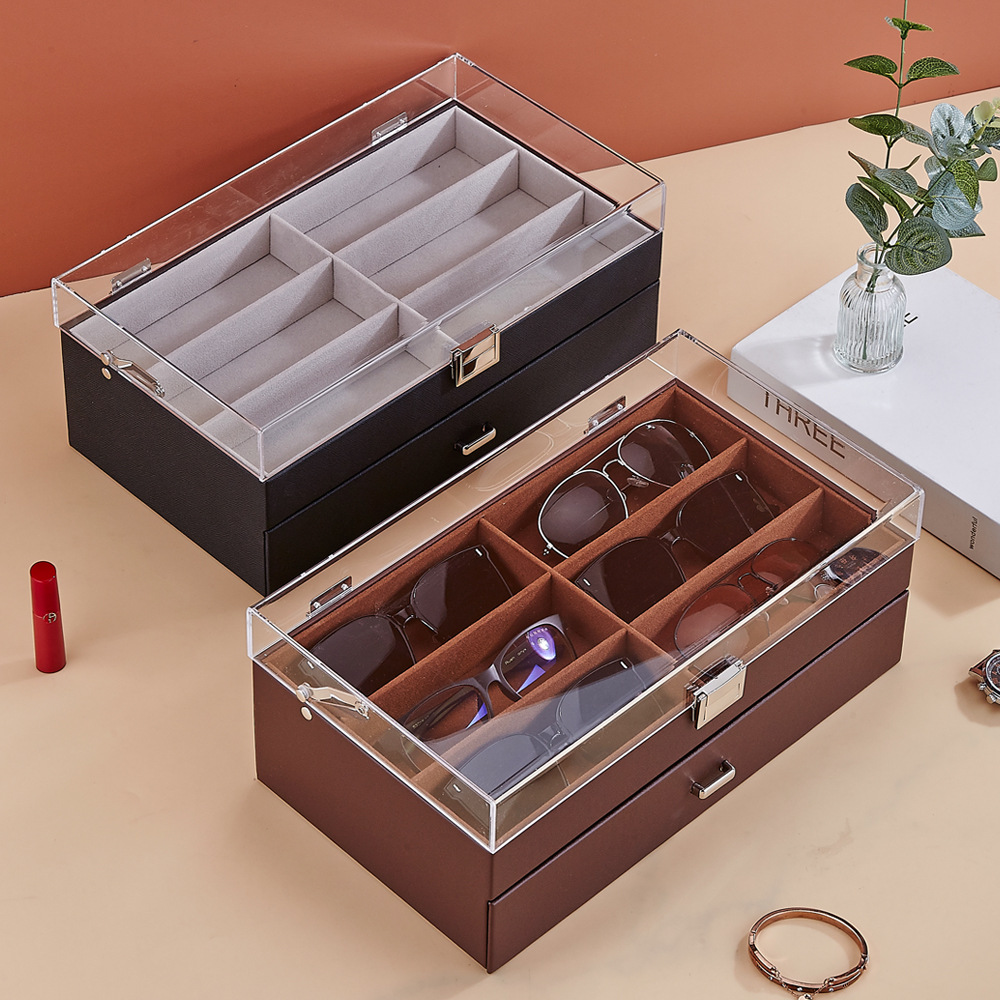 Hot-Selling 12-Slot Glasses Case with Acrylic Transparent Lid, Drawer Compartments, Flip-Top Pu Leather Storage Box for Sunglasses and Eyeglasses