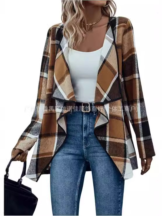 Cross-border European and American Amazon 2024 New Autumn and Winter Women's Plaid Front Waterfall Long Sleeve Collar Jacket Cardigan Jacket