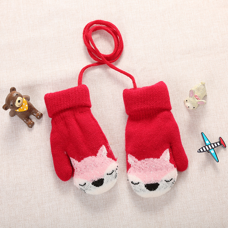Picture of 3-Year-Old Cute Little Fox Winter Double-Layer Knitted Wool Fleece-Lined Thick Outdoor Warm Gloves Cartoon for Boys and Girls