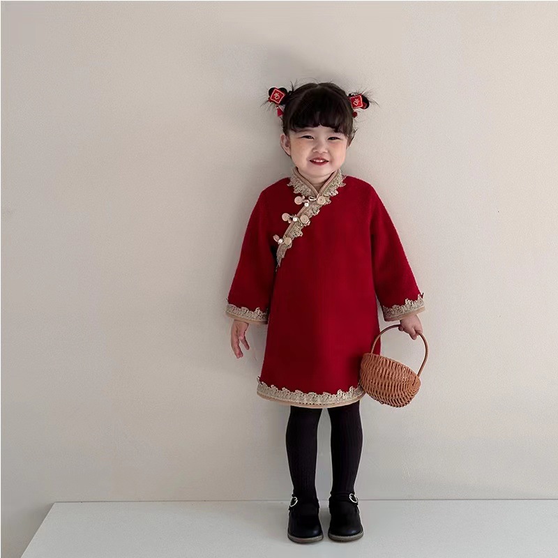 Picture of Girls' New Year Chinese style one-year-old dress winter New Western style lace embroidery dress Baby New Year greeting clothes fashion