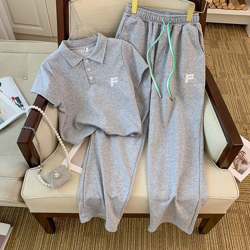 Internet Celebrity Casual Sports Suit for Women Summer Polo Collar Short-Sleeved Top Wide-Leg Pants Small Fragrance Two-Piece Set