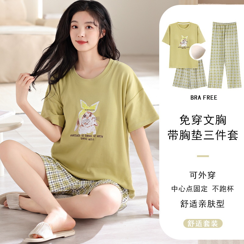 Women's Pajamas with Chest Pad Summer Cotton Short-sleeved Three-piece Set suit Cartoon Plus Size Loose Outer Wearing Home Clothes