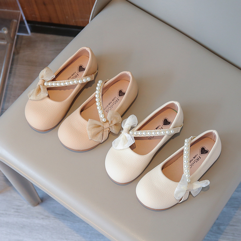 2025 Autumn and Summer Children's Soft Sole Princess Shoes Pearl Slip-On Girls' Shoes Pearl Plaid Round Toe Performance Shoes Apricot