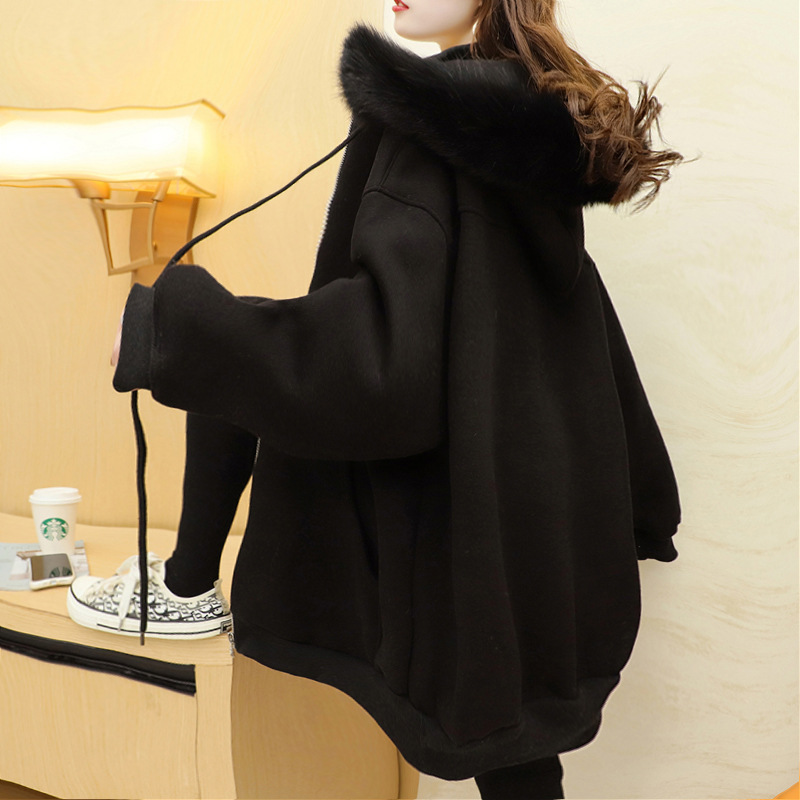 Picture of Mid-length Fleece-lined Jacket Women's Loose Korean-style All-match Solid Color Fur Collar Hooded Cardigan Women's Thickened Trendy Sweater
