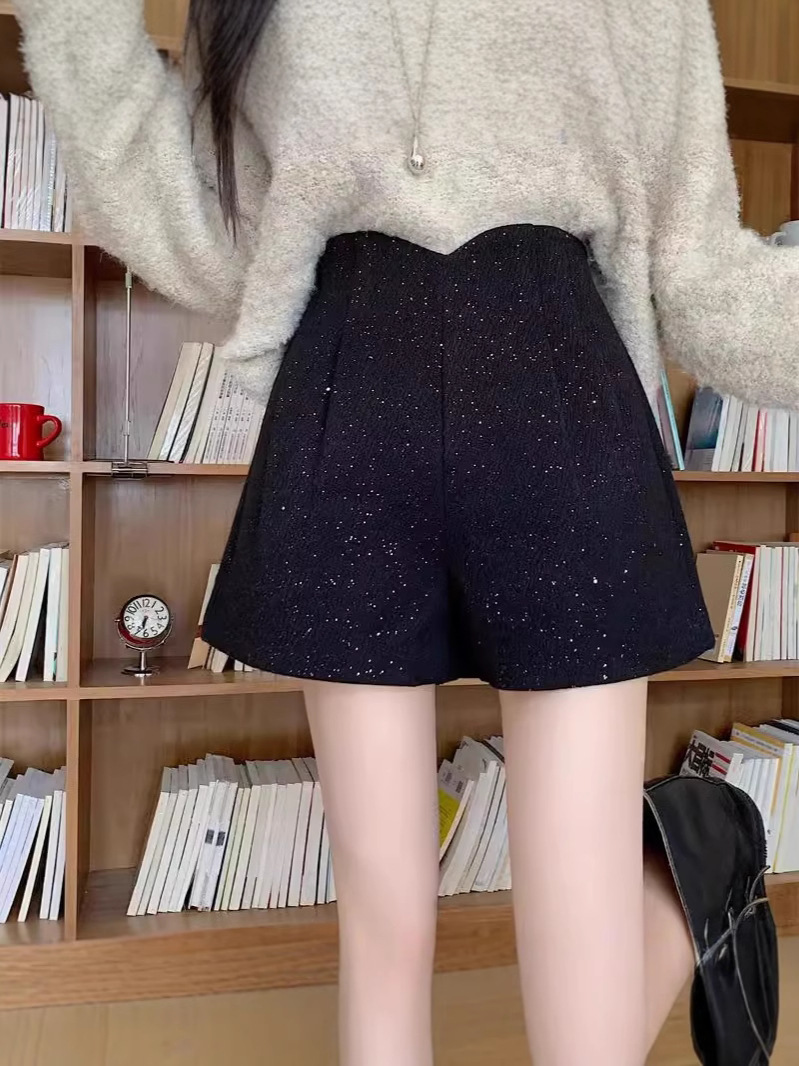 Black Sparkling Sequin Wool Chanel Style Shorts Women's Autumn and Winter New Arrival High Waist A- Shoe Pants Spice Girls Wide Leg Pants for Women