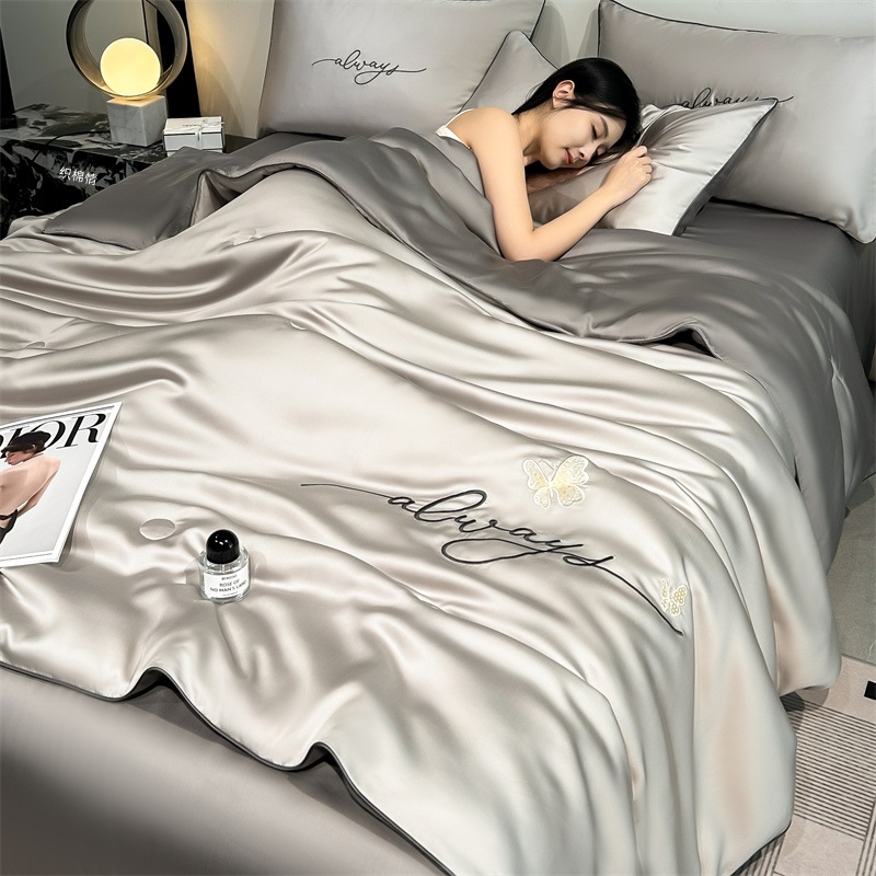 Class A Washed Ice Silk Summer Quilt Four-piece Set Summer Cool Quilt Nude Sleeping Embroidered Air-conditioning Quilt Cool Silk Summer Thin Quilt