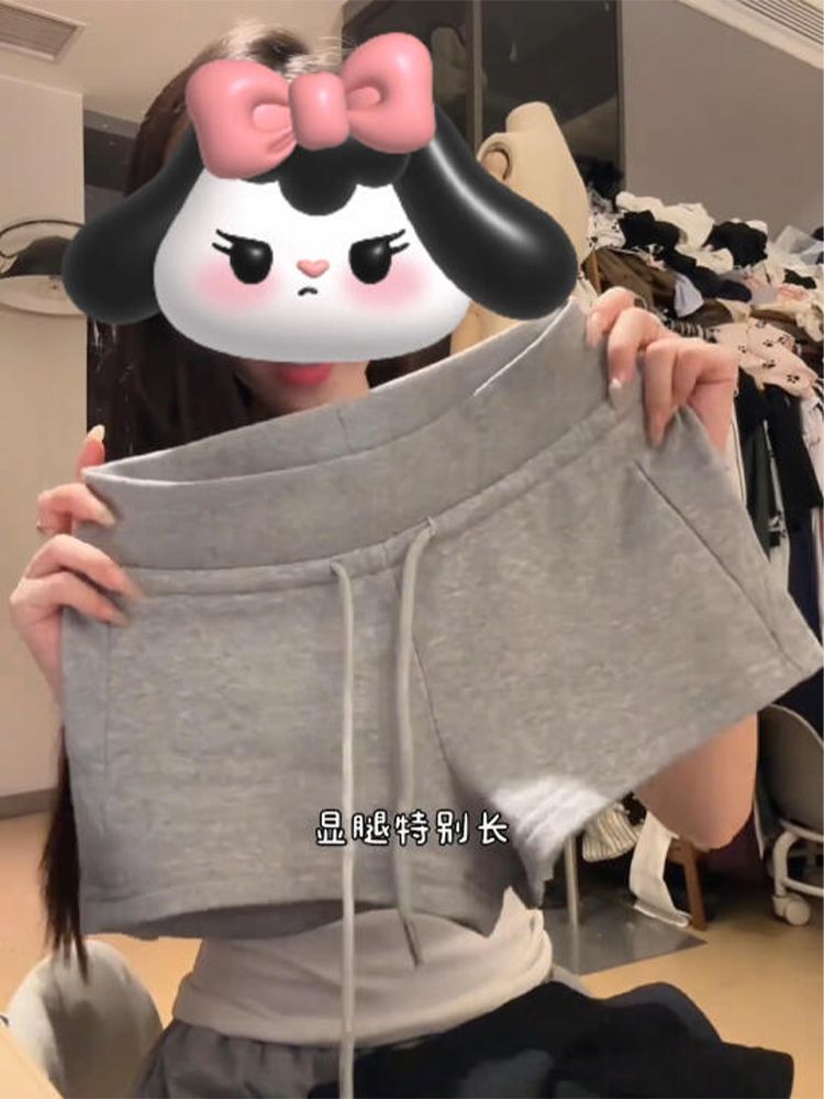 American Style Hot Girl Low Waist Drawstring Sports Shorts Women's Slim-Fit Outer Wearing Grey Hip Slimming Three-Point Casual Hot Pants for Women
